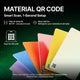Color swatches with QR codes on a dark green background, promoting material QR code technology.